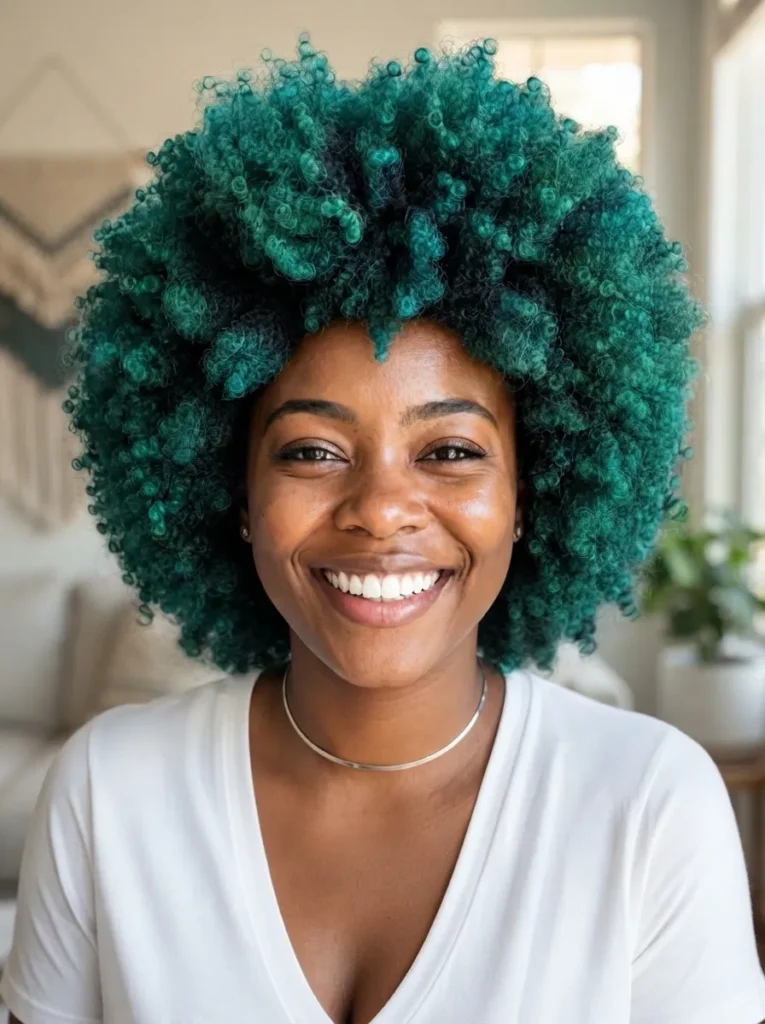 Close-up portrait of a smiling Black woman with a voluminous green curly afro hairstyle wearing a white v-neck t-shirt.