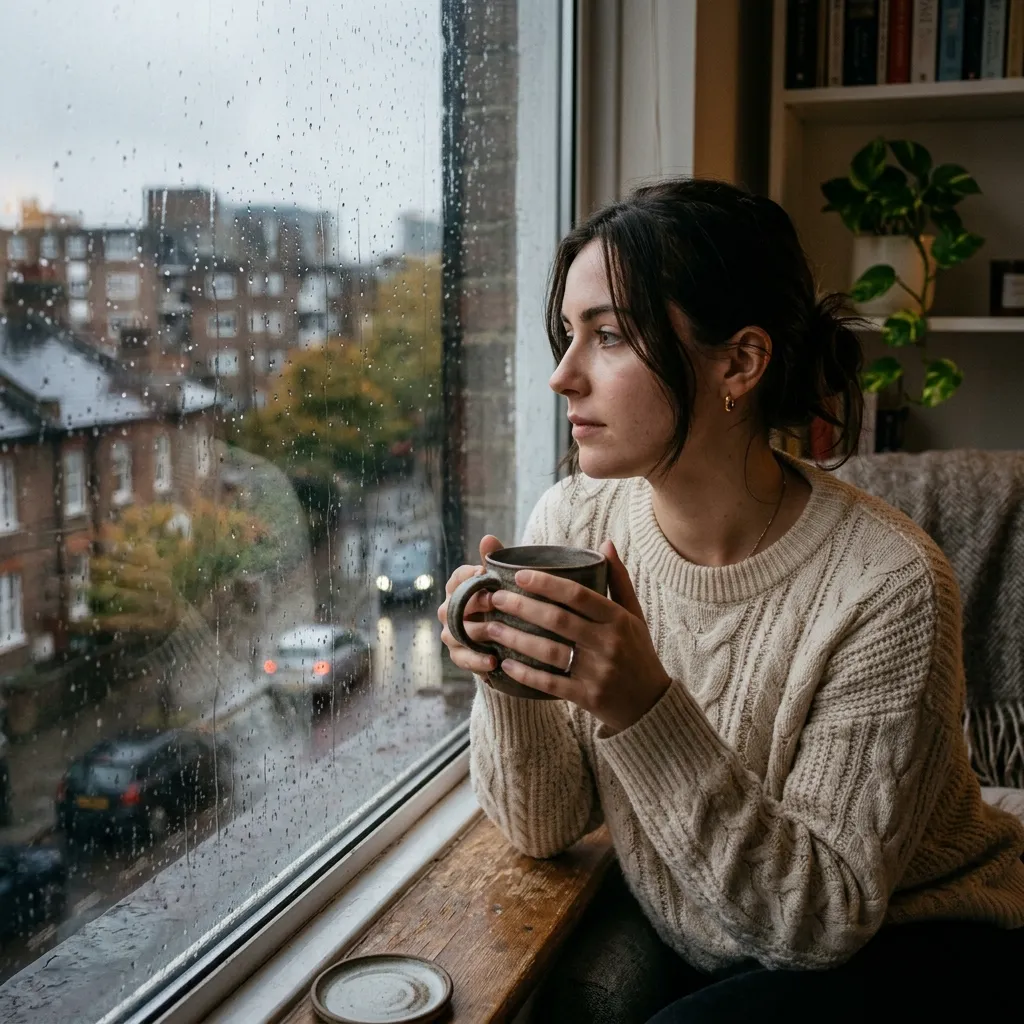 A woman in a cream-colored knit sweater sitting by a window on a rainy day, holding a mug and looking out at the city street.