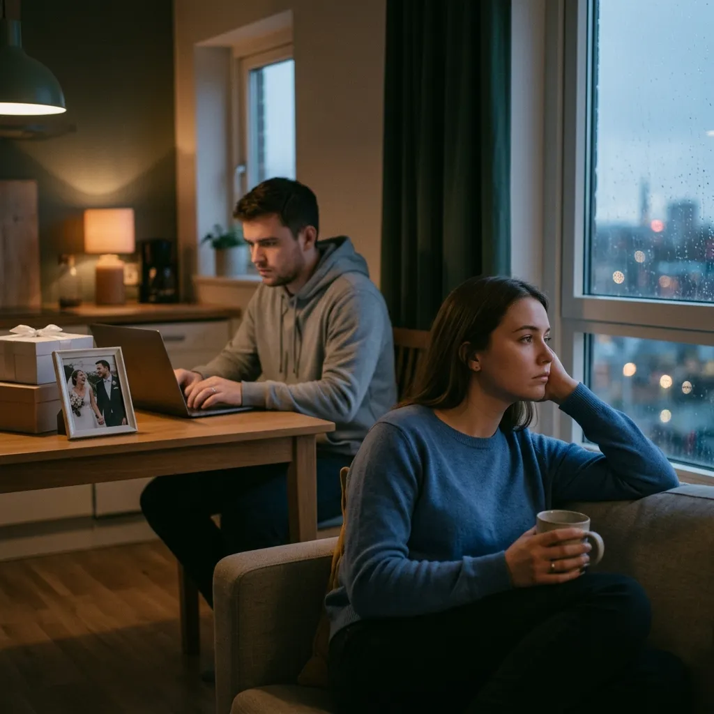 A lonely woman sitting on a couch holding a mug and looking thoughtfully out a rainy window, while her partner sits at a nearby table working on a laptop next to a framed wedding photograph.