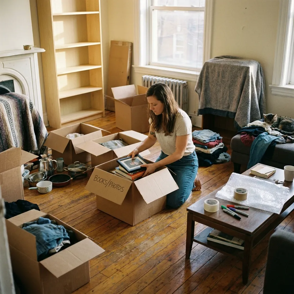 A woman kneeling on a wooden floor in a living room, packing books and framed photos into a cardboard moving box labeled "BOOKS/PHOTOS" amidst other packed boxes and household items.
