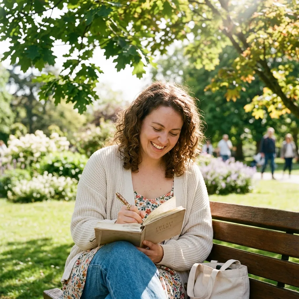 A smiling woman with curly hair sitting on a park bench under leafy trees, happily writing in a journal.