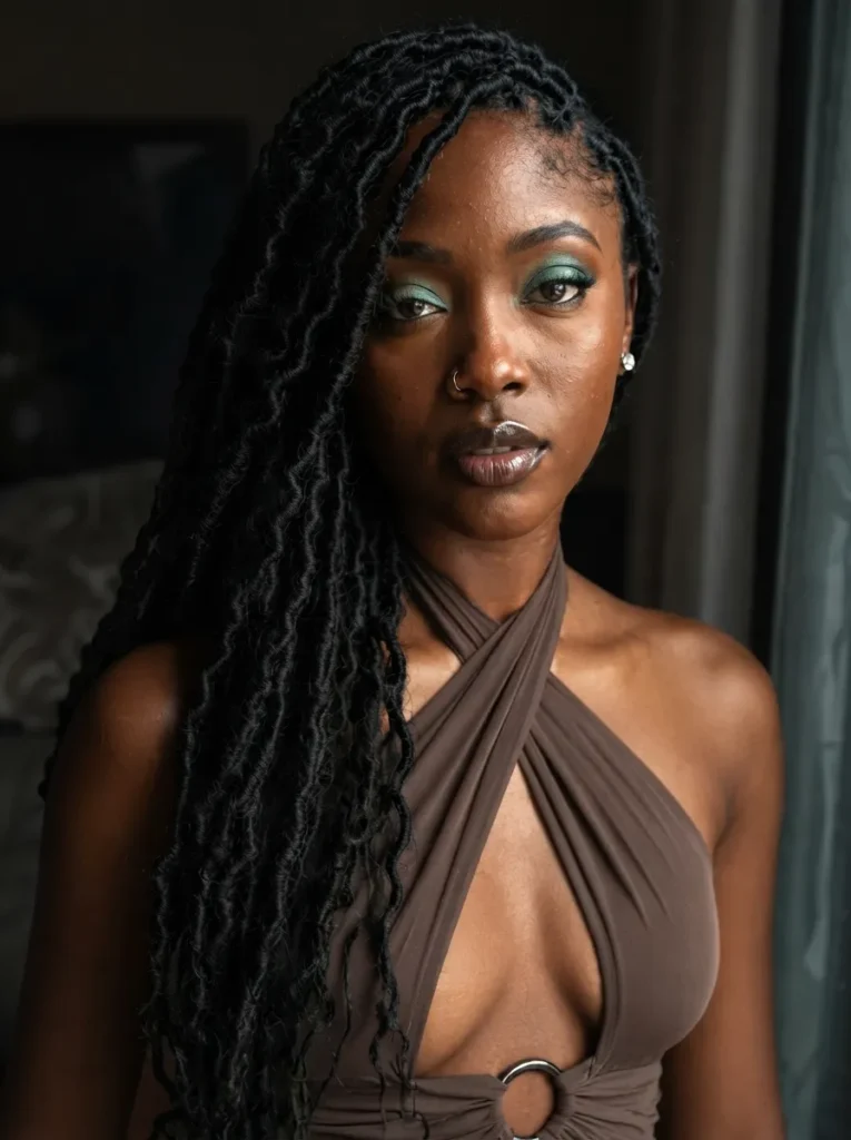 A portrait of a woman wearing distressed locs and green eyeshadow