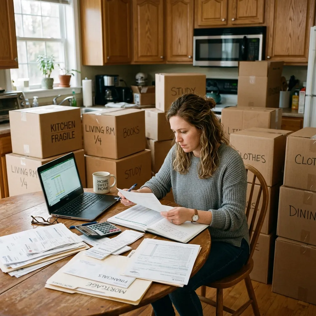 A woman sitting at a wooden kitchen table surrounded by moving boxes, reviewing financial documents and using a laptop and calculator.