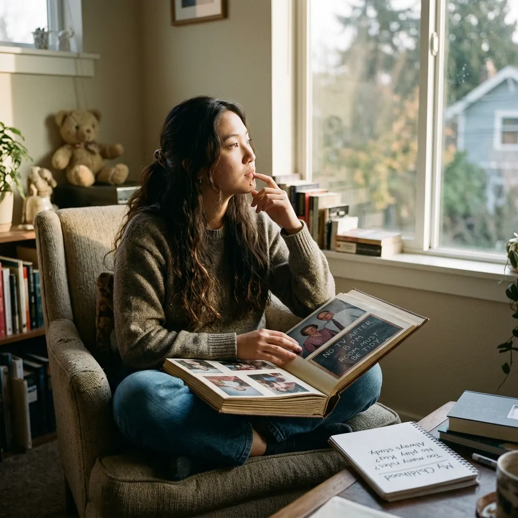 A young woman sitting in an armchair by a window, thoughtfully flipping through the pages of a vintage childhood photo album.