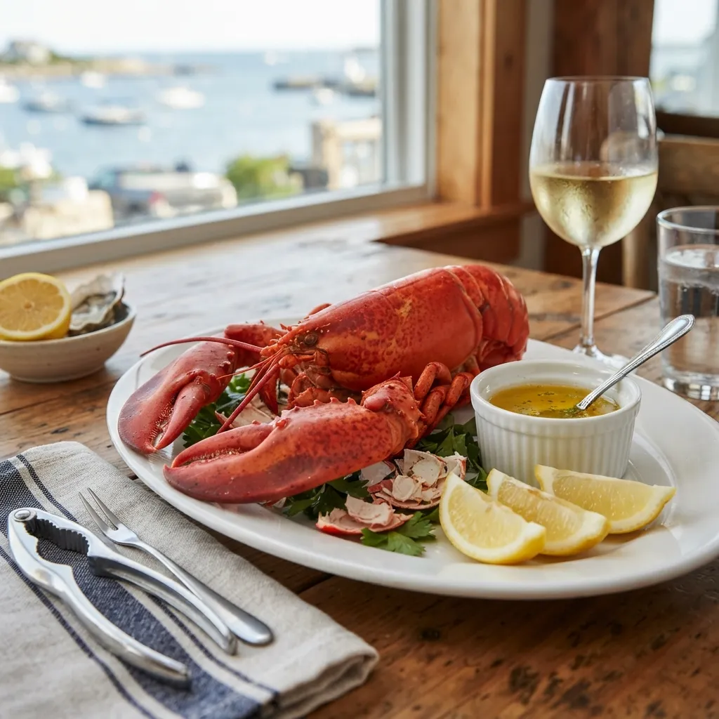 Boiled_lobster_with_butter_20261006164840.webp" alt="A whole boiled lobster served on a white platter with melted butter, lemon wedges, and a glass of white wine by a seaside window