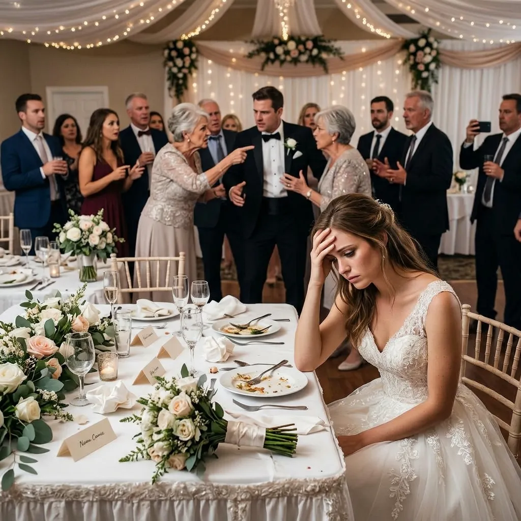 A stressed bride sits alone at a head table resting her head in her hand while family members argue intensely in the background.