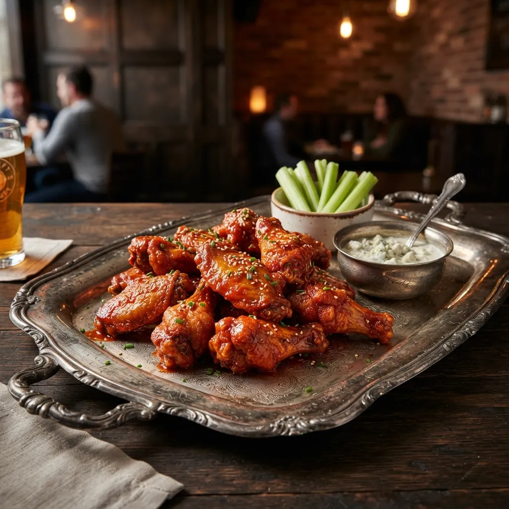 Buffalo_chicken_wings_on_platter_20261006164303.webp" alt="Buffalo chicken wings garnished with sesame seeds and herbs on a silver platter with celery sticks and blue cheese dip