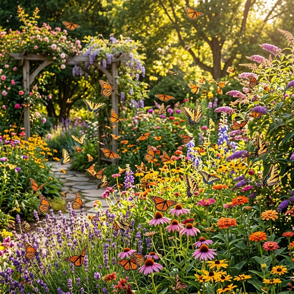A vibrant garden filled with colorful flowers and a wooden arbor, with numerous monarch and swallowtail butterflies fluttering about.