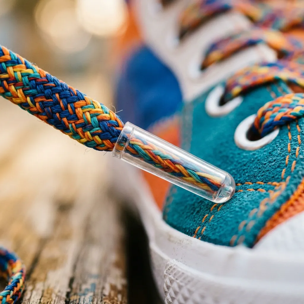 Macro shot of a colorful, woven sneaker shoelace with a transparent plastic aglet resting against a multi-colored suede shoe.