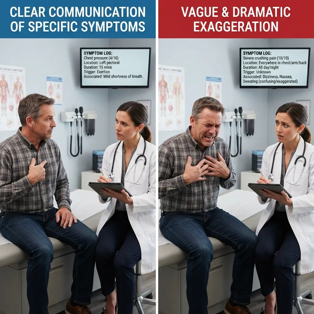 A side-by-side comparison showing clear communication of specific symptoms versus vague and dramatic exaggeration during a doctor consultation.