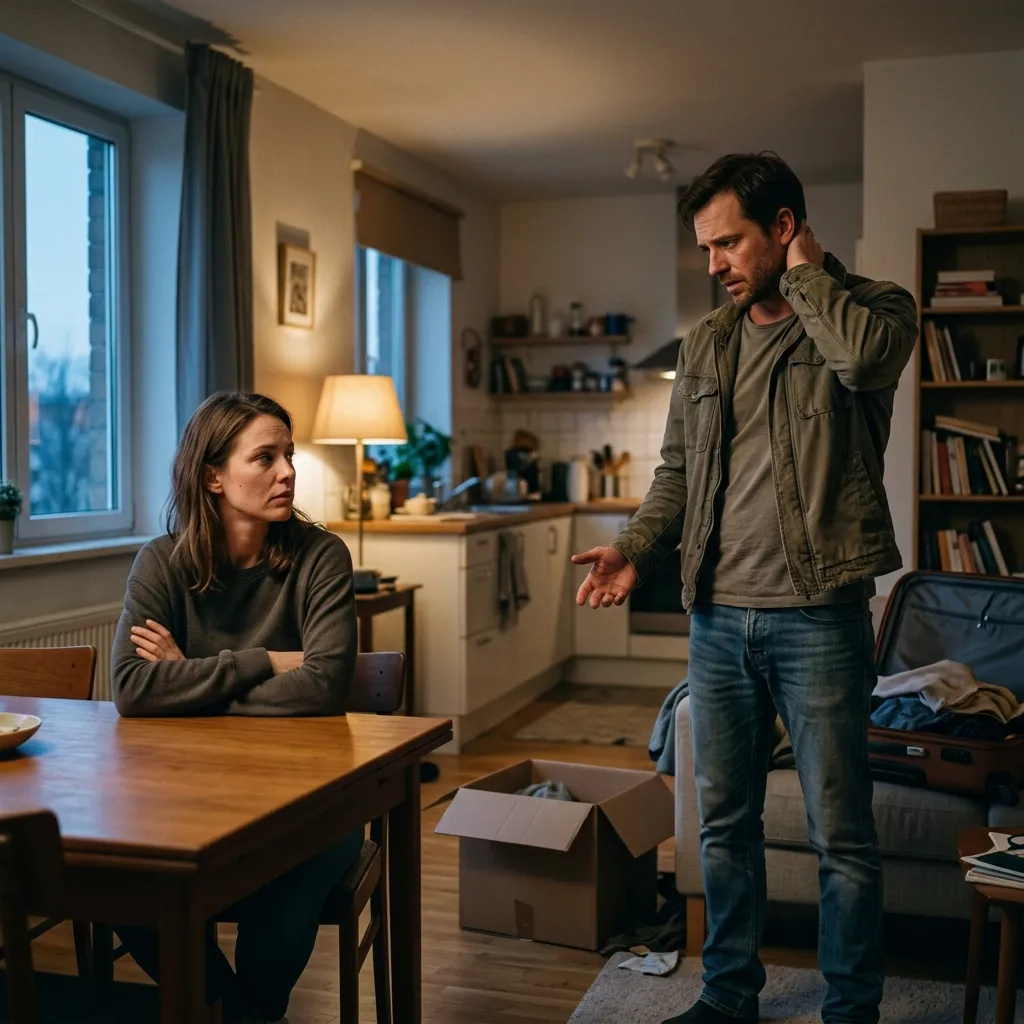 A stressed couple having a serious discussion in a living room with packing boxes and a suitcase