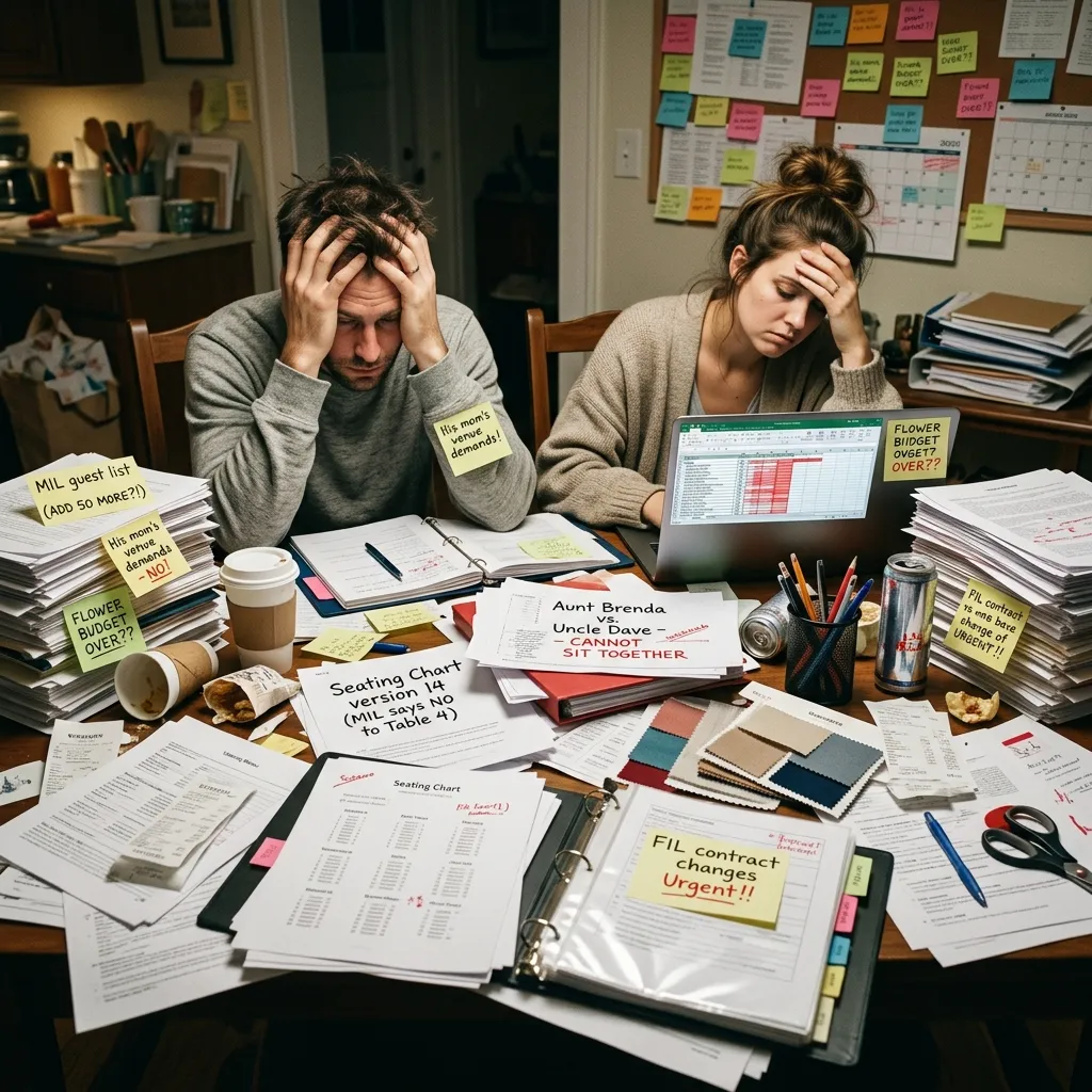 A stressed couple sits at a desk covered in wedding planning documents, seating charts, and notes, looking overwhelmed by the task