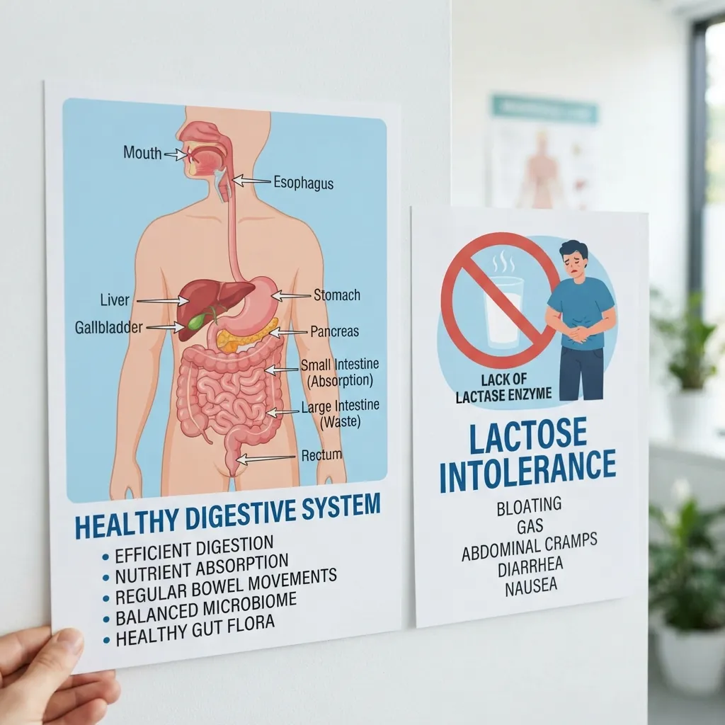 Two educational medical posters mounted on a wall showing a human digestive system diagram and an infographic explaining lactose intolerance symptoms.
