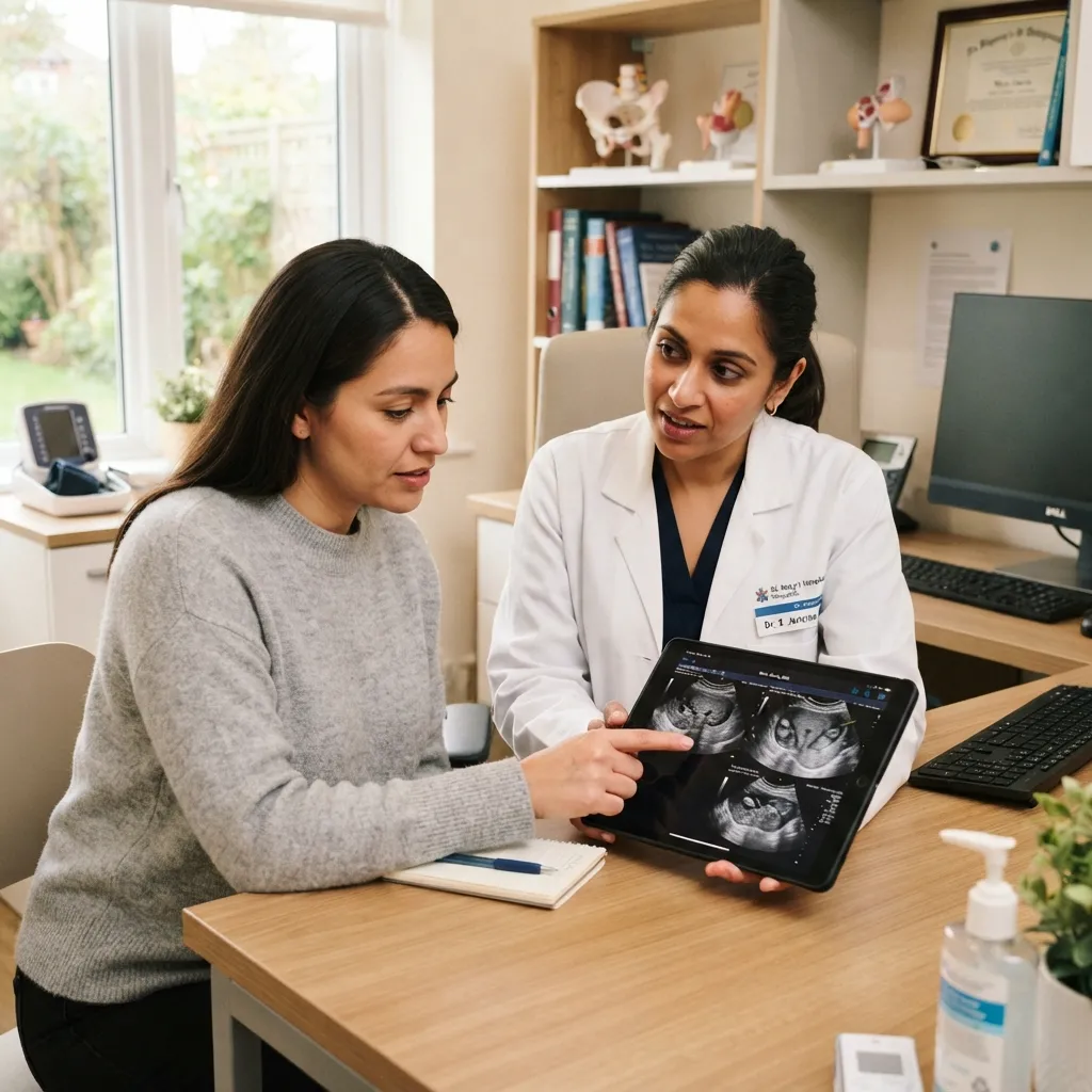 A female doctor in a white coat reviewing a tablet screen displaying a medical ultrasound scan with a patient sitting across the desk in a medical office.