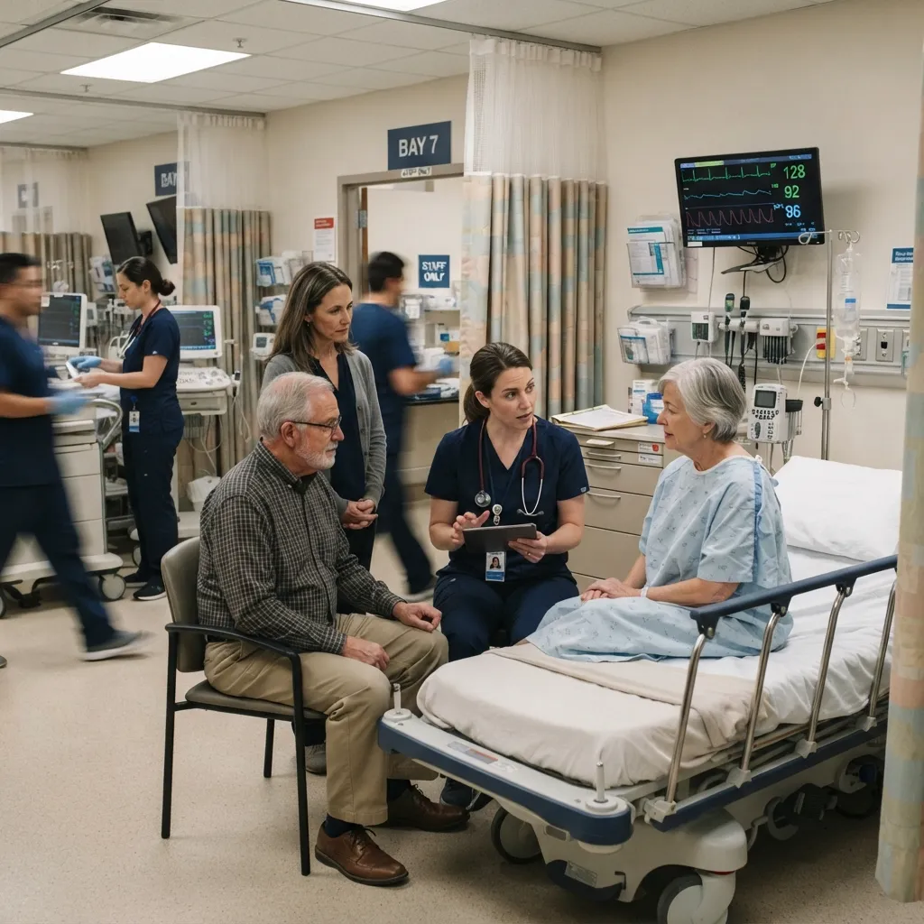 A female doctor consulting with a senior female patient and her family members in a hospital room.
