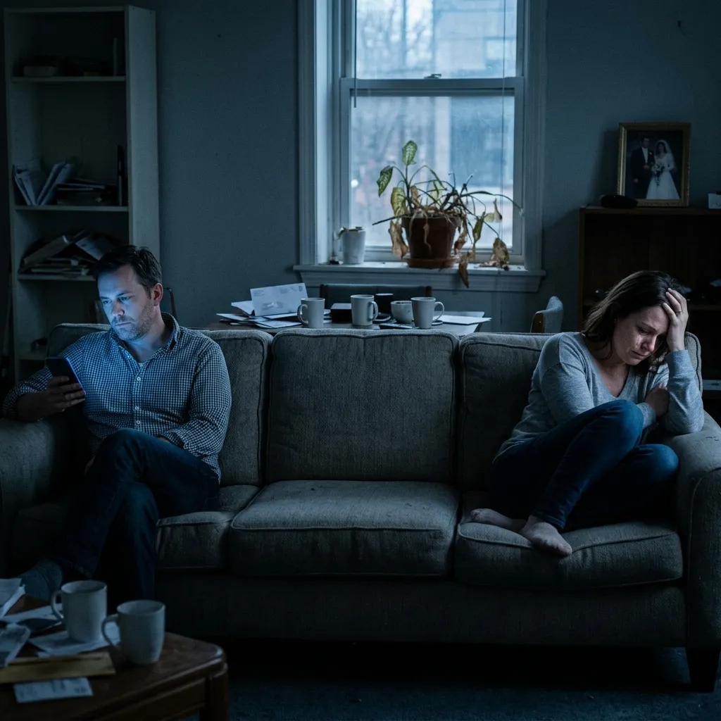 A couple sitting on opposite sides of a couch in a dim living room, looking distressed and disconnected