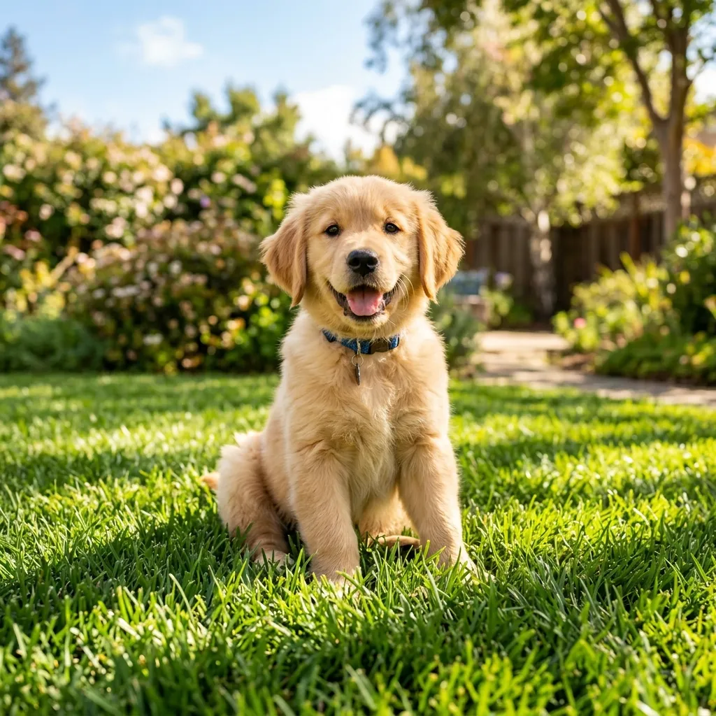 An adorable golden retriever puppy with a blue collar sitting on green grass in a sunny garden.