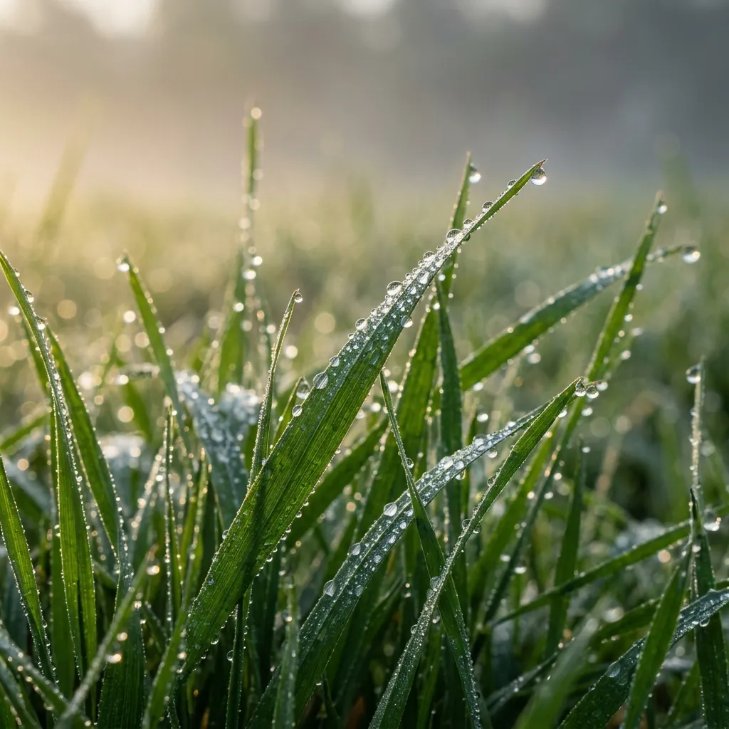 Close-up of vibrant green blades of grass covered in sparkling morning dew drops against a soft-focus background.