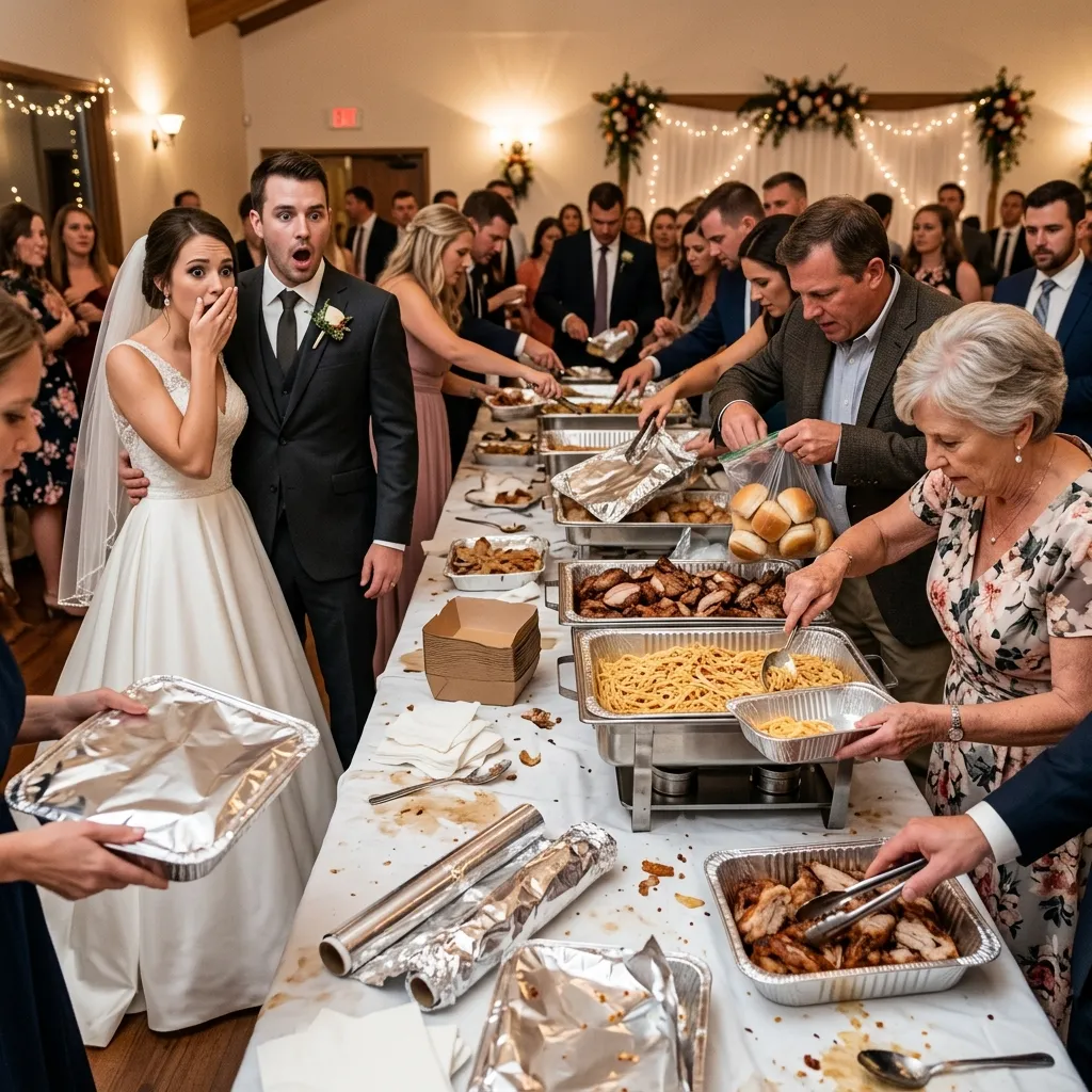 Wedding guests enthusiastically packing up buffet leftovers into aluminum pans and bags while the bride and groom look on in shock.