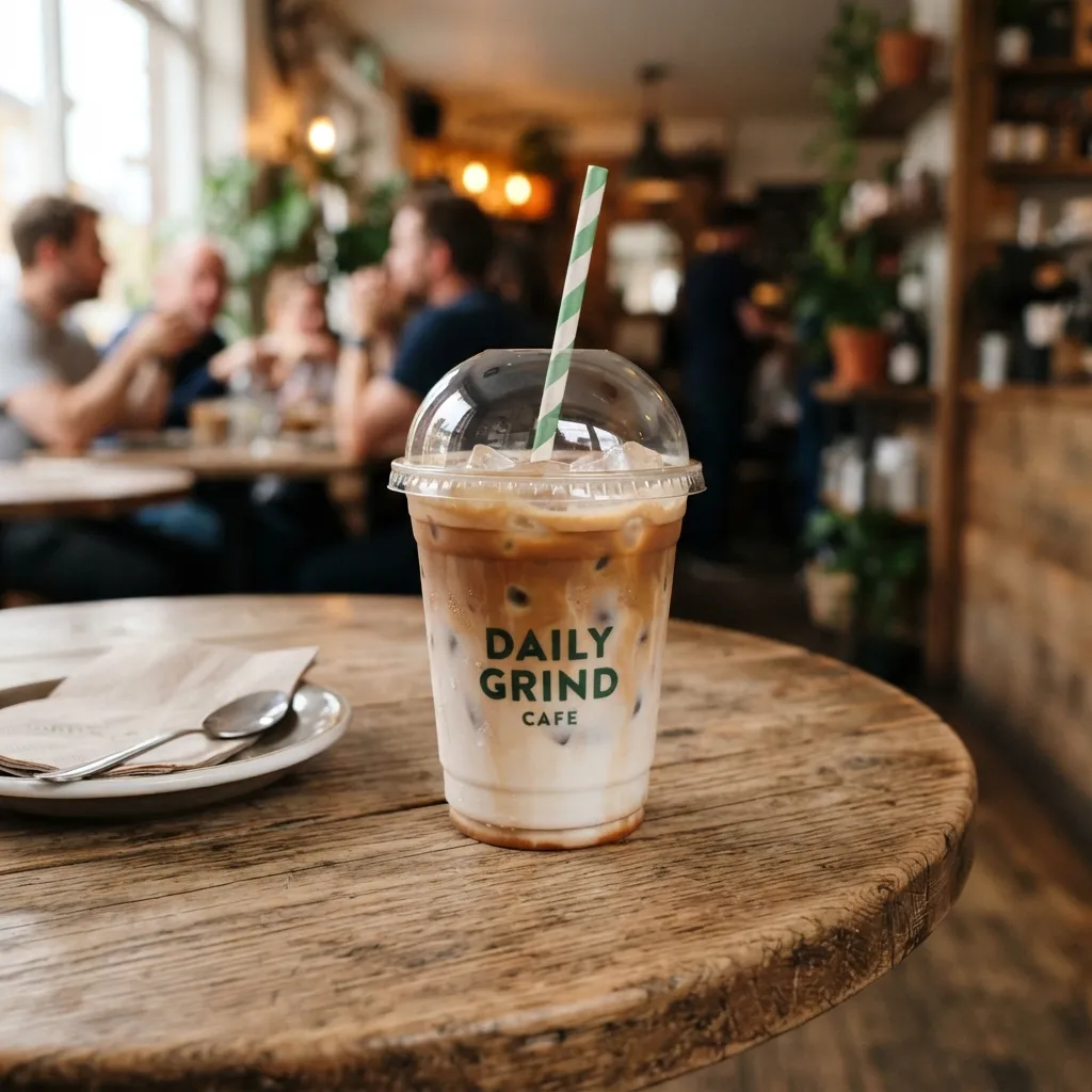 An iced latte in a plastic cup with a green-and-white striped straw on a rustic wooden table in a cafe