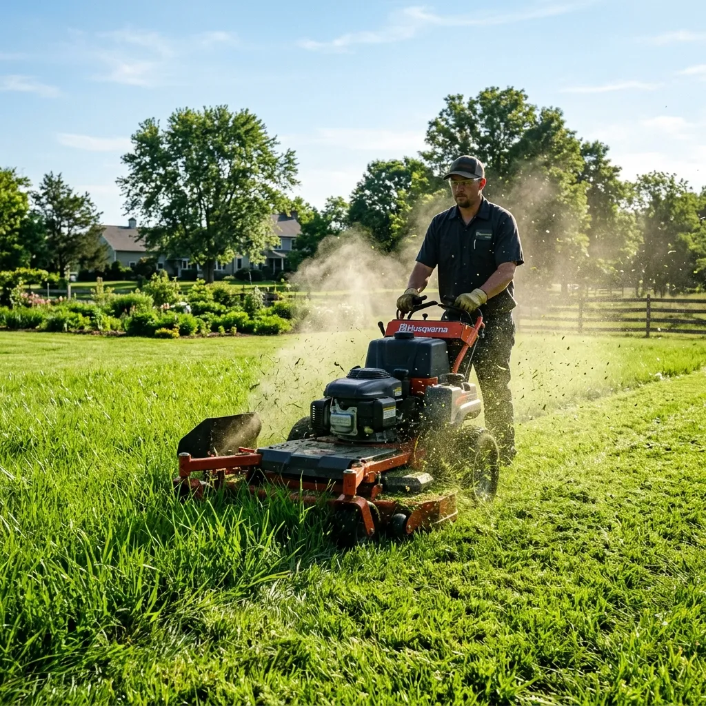 A man in a baseball cap and safety glasses operating a red commercial lawnmower, cutting a lush green lawn on a sunny day.