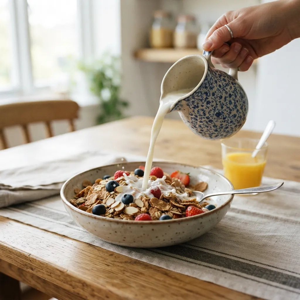 Milk_poured_onto_cereal_20261006164923.webp" alt="Milk being poured from a patterned pitcher into a bowl of muesli, berries, and almonds