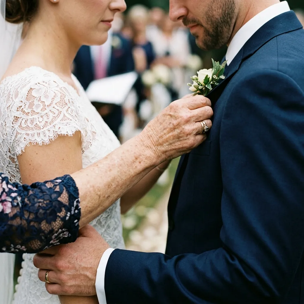A close-up shot of a mother adjusting a boutonniere on the groom's lapel during a wedding ceremony.