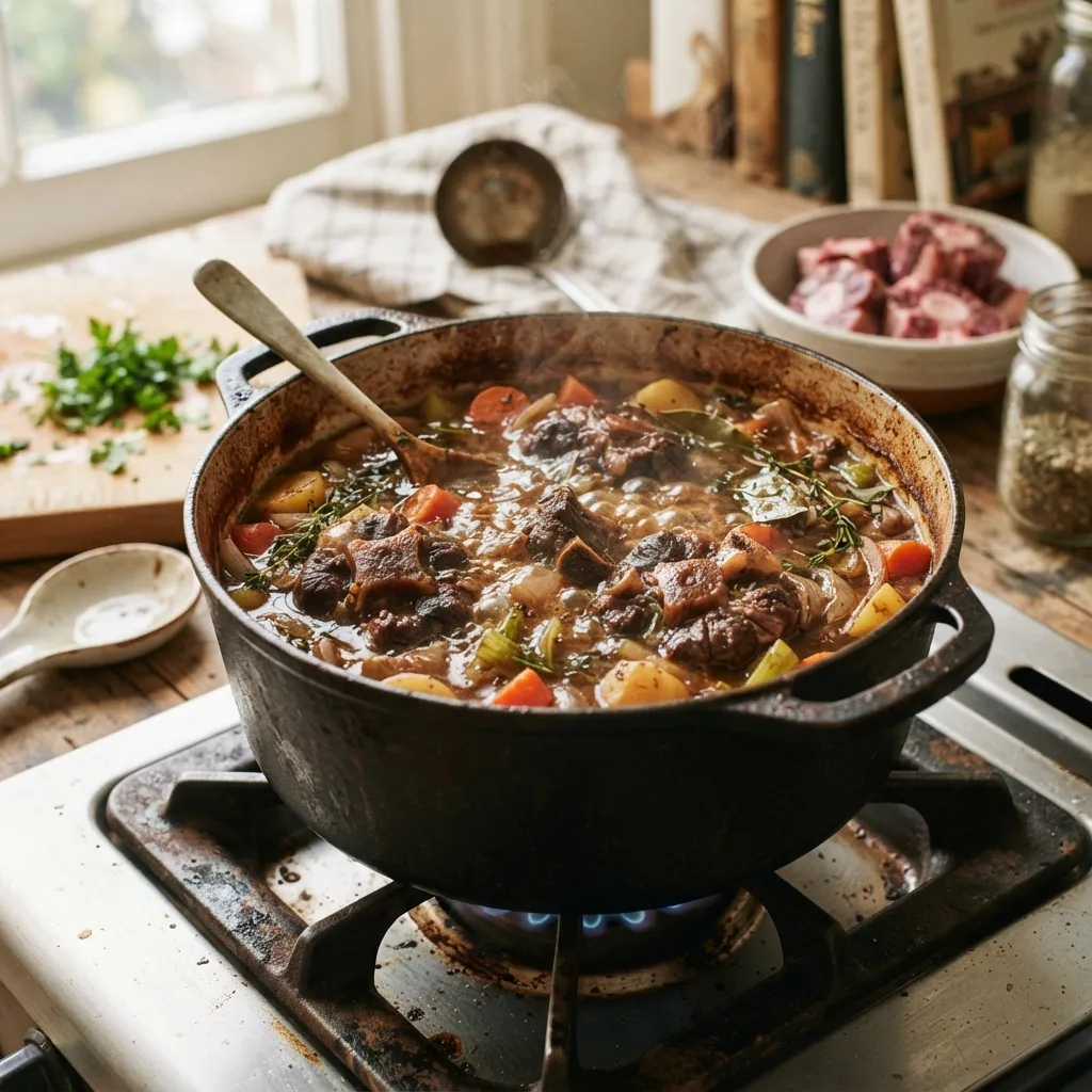 Oxtail_stew_simmering_in_pot_20261006164204.webp" alt="Oxtail stew simmering in a dark cast-iron pot on a gas stove with vegetables and herbs