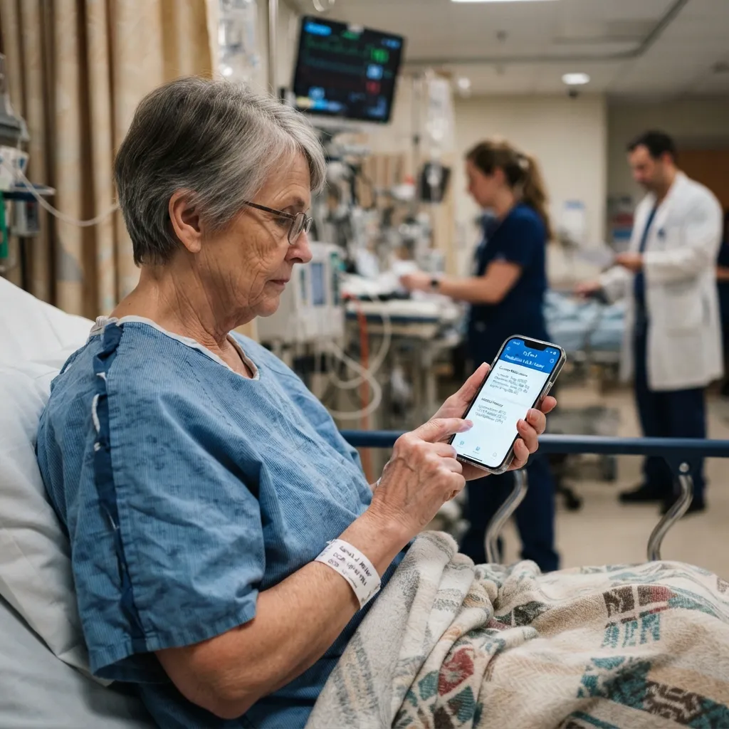 An elderly female patient in a hospital gown reviewing her medication list on a smartphone.