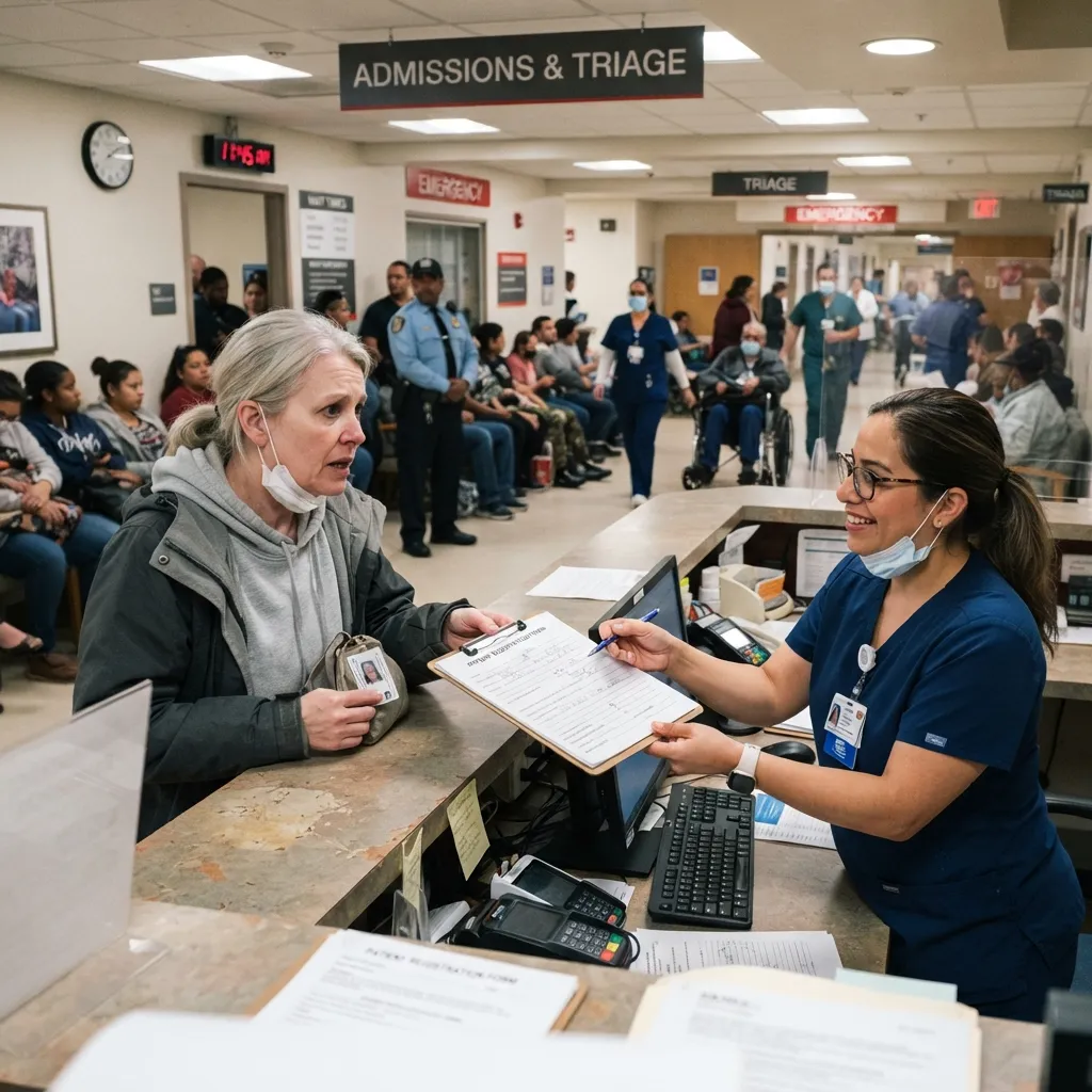A female patient talking to a nurse at the busy admissions and triage desk in a hospital emergency room.