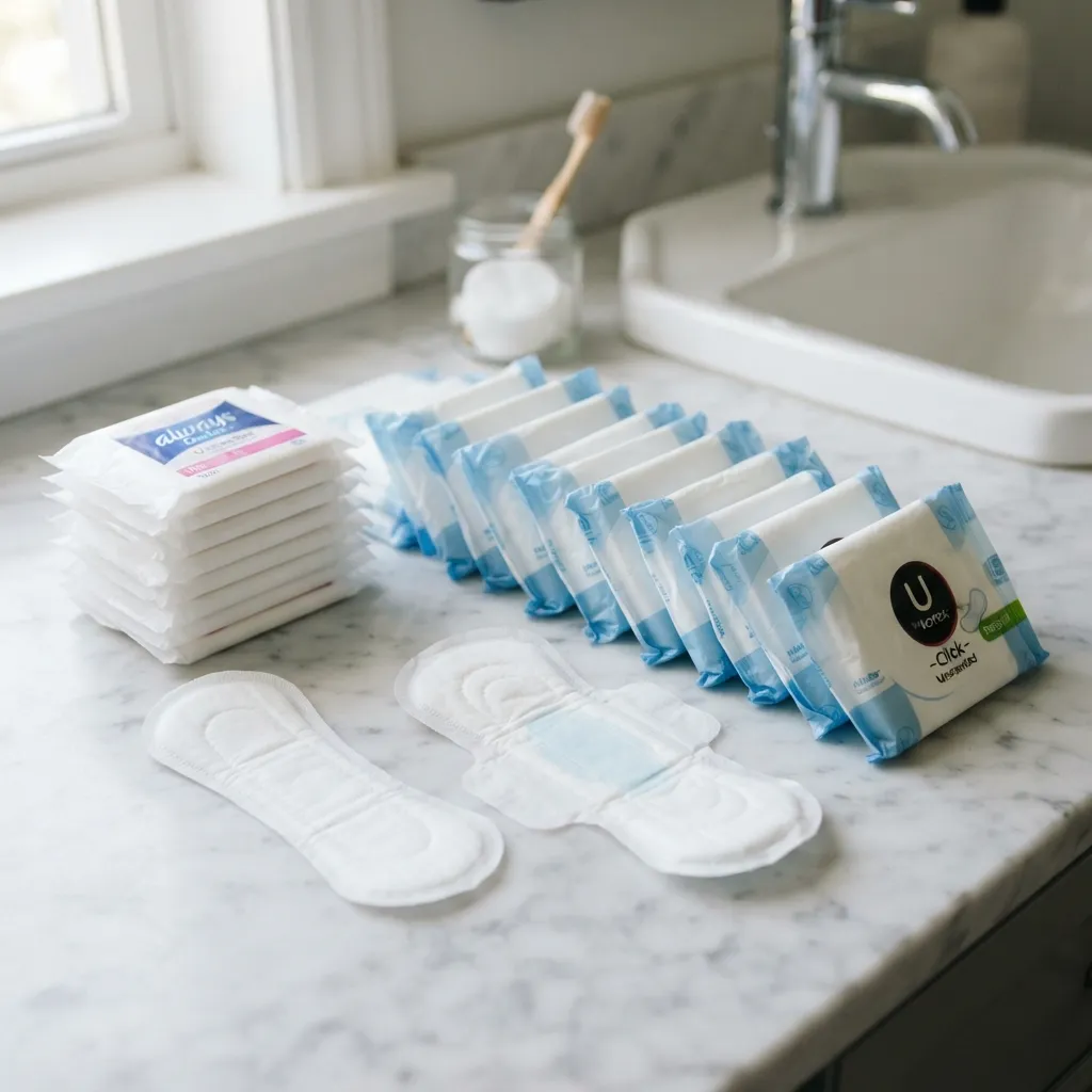 A stack of wrapped sanitary pads and multiple individual pads laid out on a clean white marble bathroom vanity next to a sink.