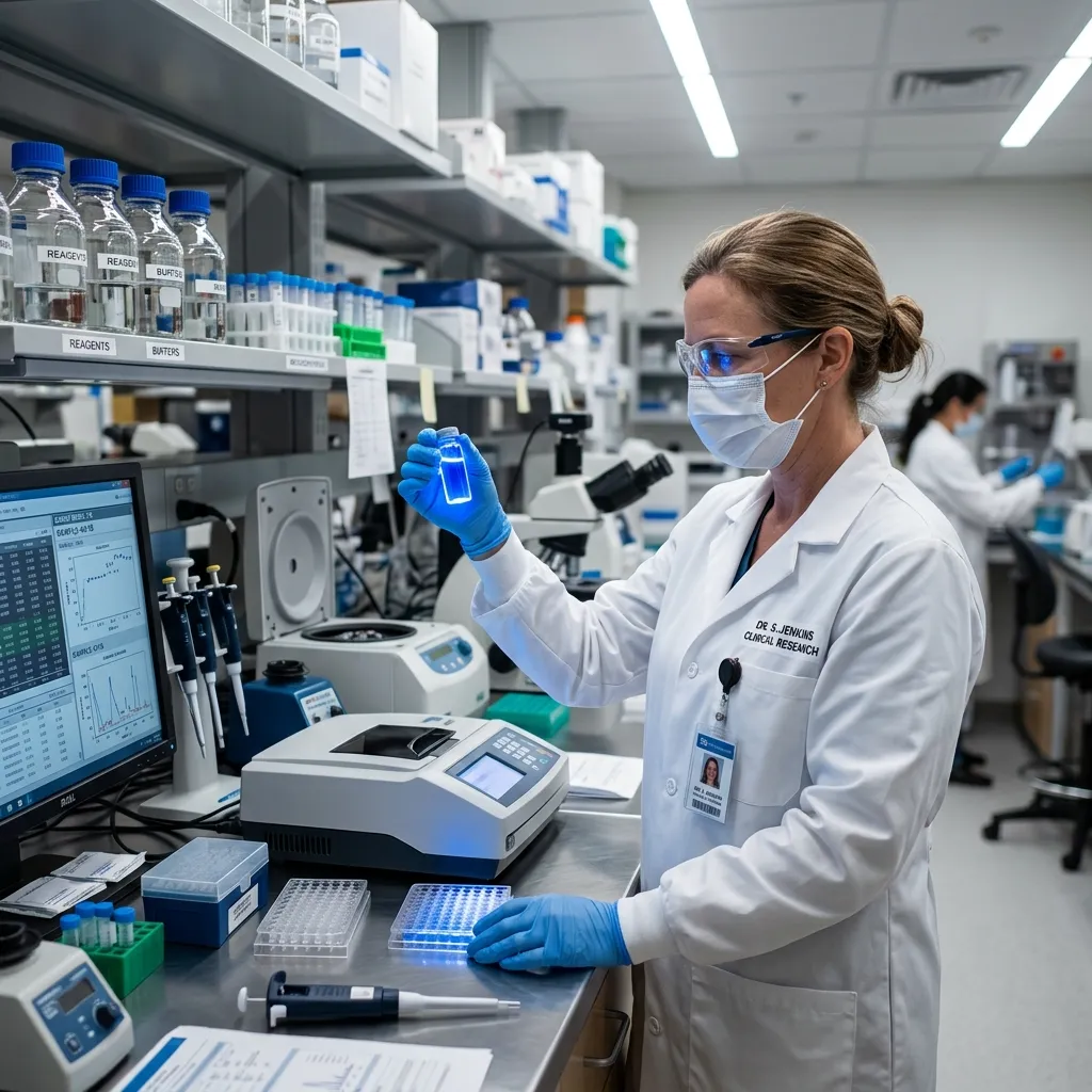 A female scientist wearing a white lab coat, face mask, and safety glasses holding a glowing blue vial in a modern research laboratory.