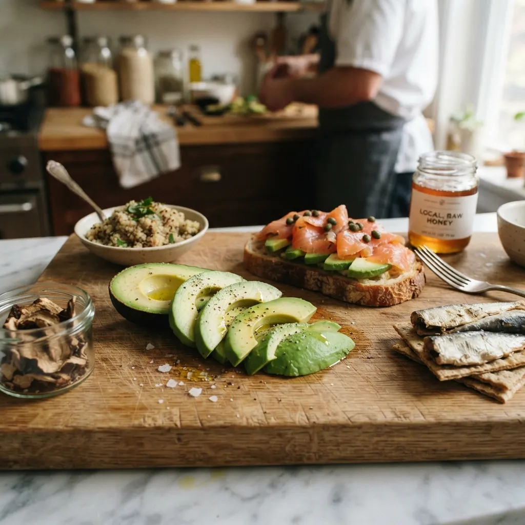 Sliced_avocados_on_cutting_board_20261006164517.webp" alt="Sliced avocados, smoked salmon toast, and a bowl of quinoa on a wooden cutting board in a kitchen