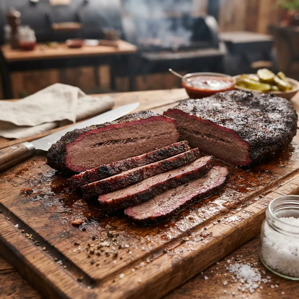 Sliced_smoked_beef_brisket_20261006164359.webp" alt="Sliced smoked beef brisket with a dark crust on a wooden cutting board next to a knife and salt
