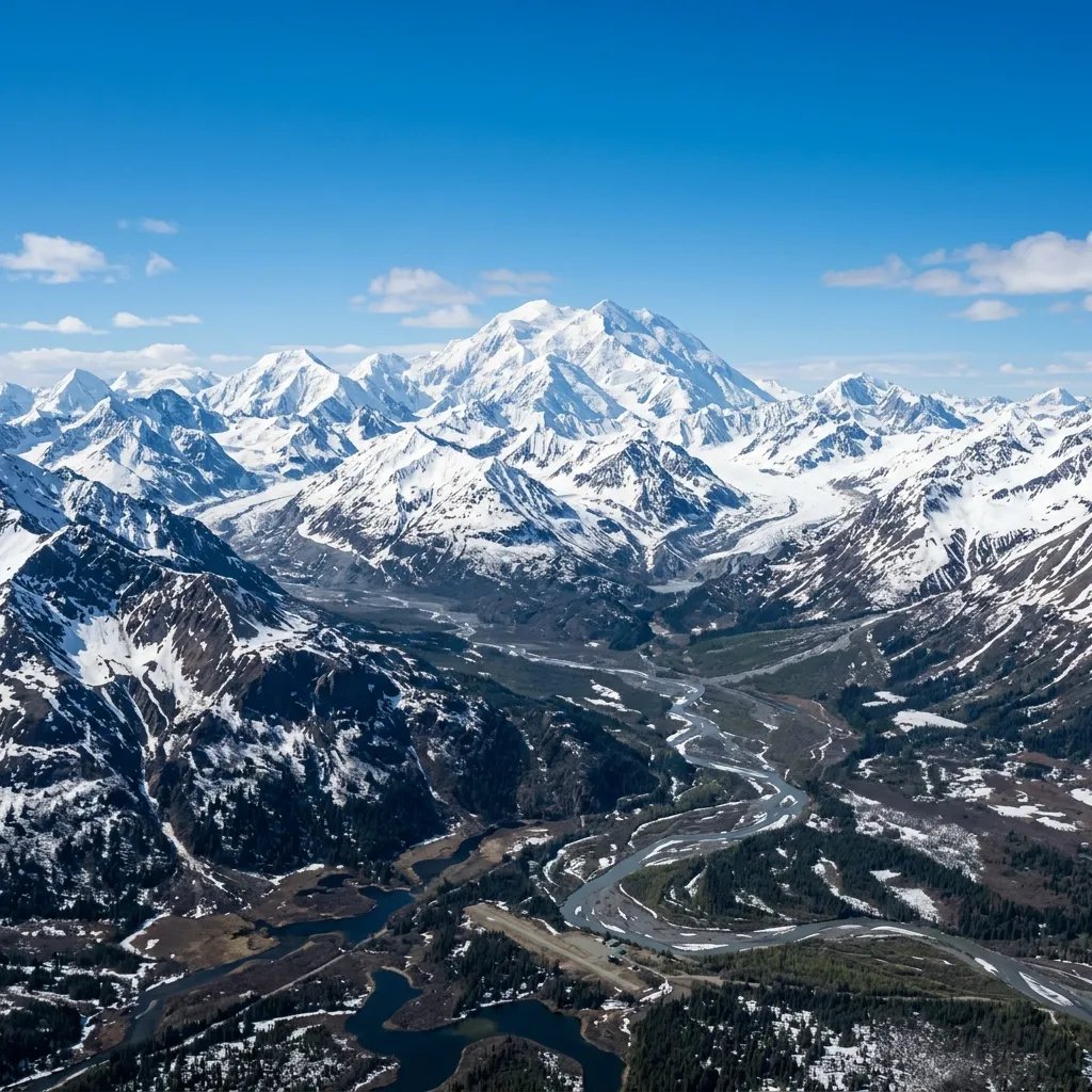 A breathtaking aerial view of snow-capped mountains in Alaska with a winding river and dark green forests below.