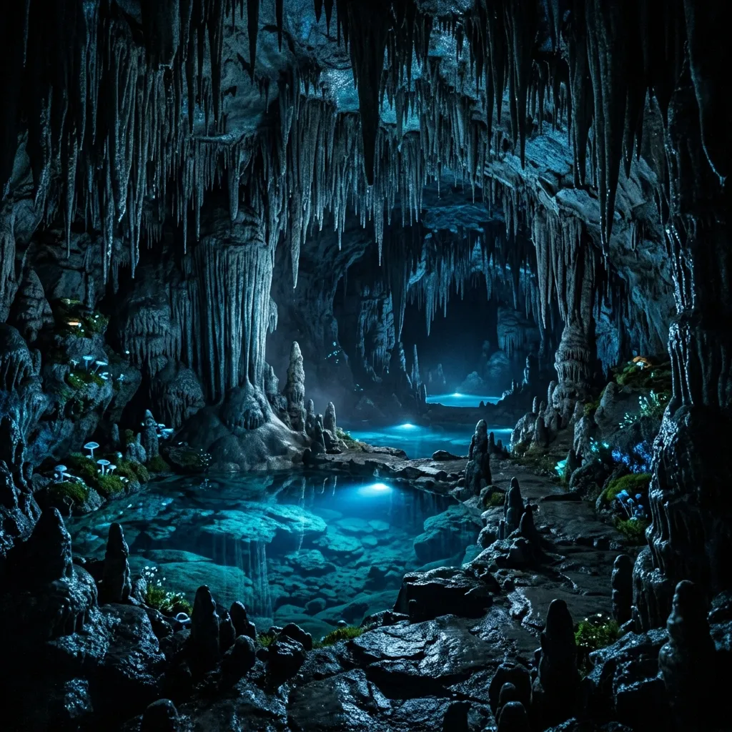 A dark subterranean cave illuminated with blue light, featuring stunning stalactites, stalagmites, and crystal-clear underground pools.