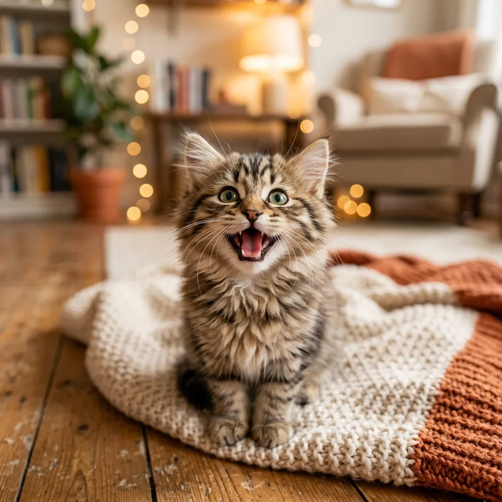 A fluffy brown tabby kitten sitting on a knitted blanket indoors with its mouth open, appearing to meow.
