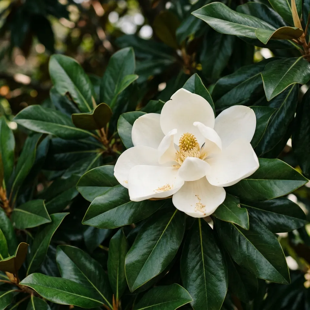 A close-up of a large white magnolia blossom surrounded by lush green leaves.