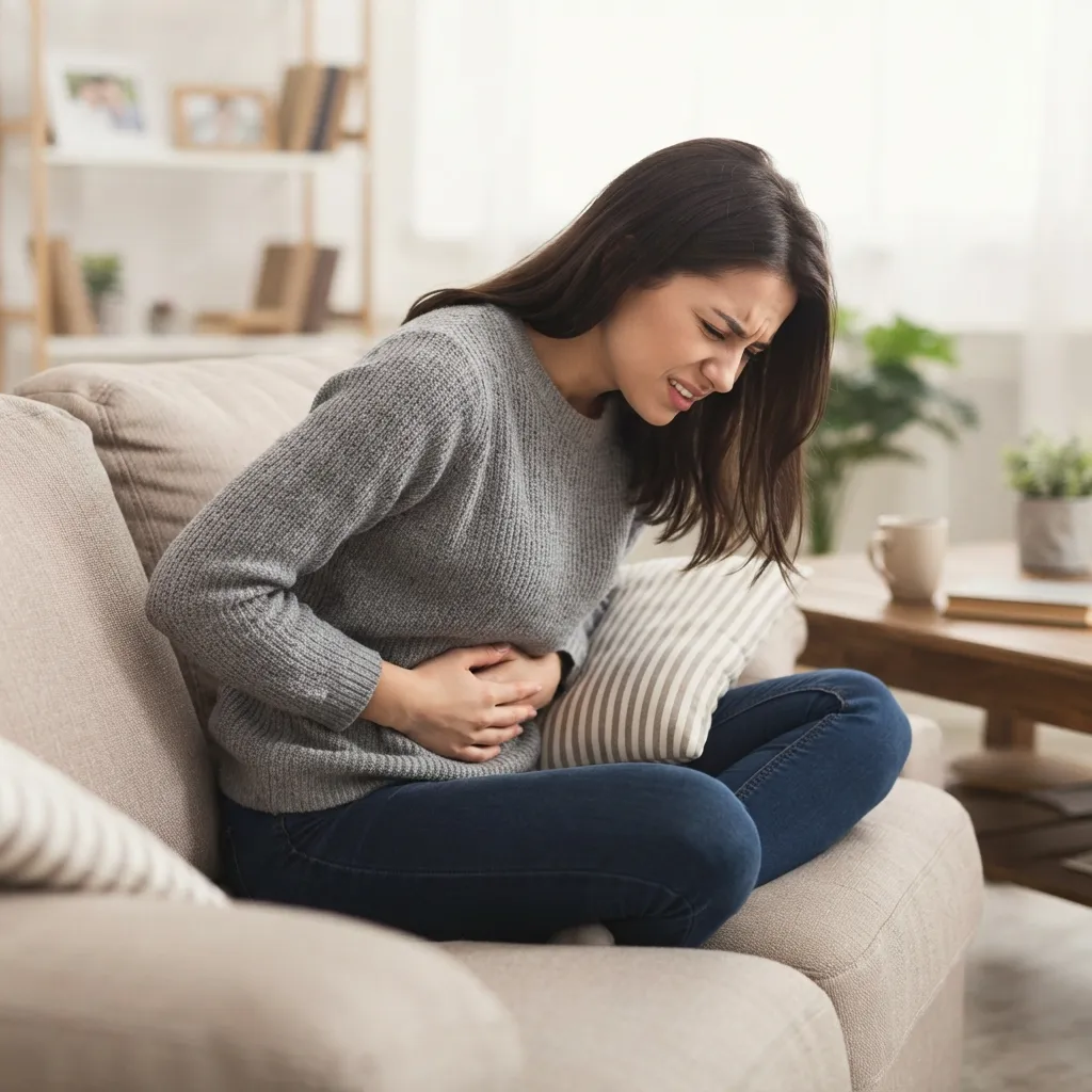 A woman sitting on a couch, doubled over and holding her lower abdomen in severe pain or discomfort.