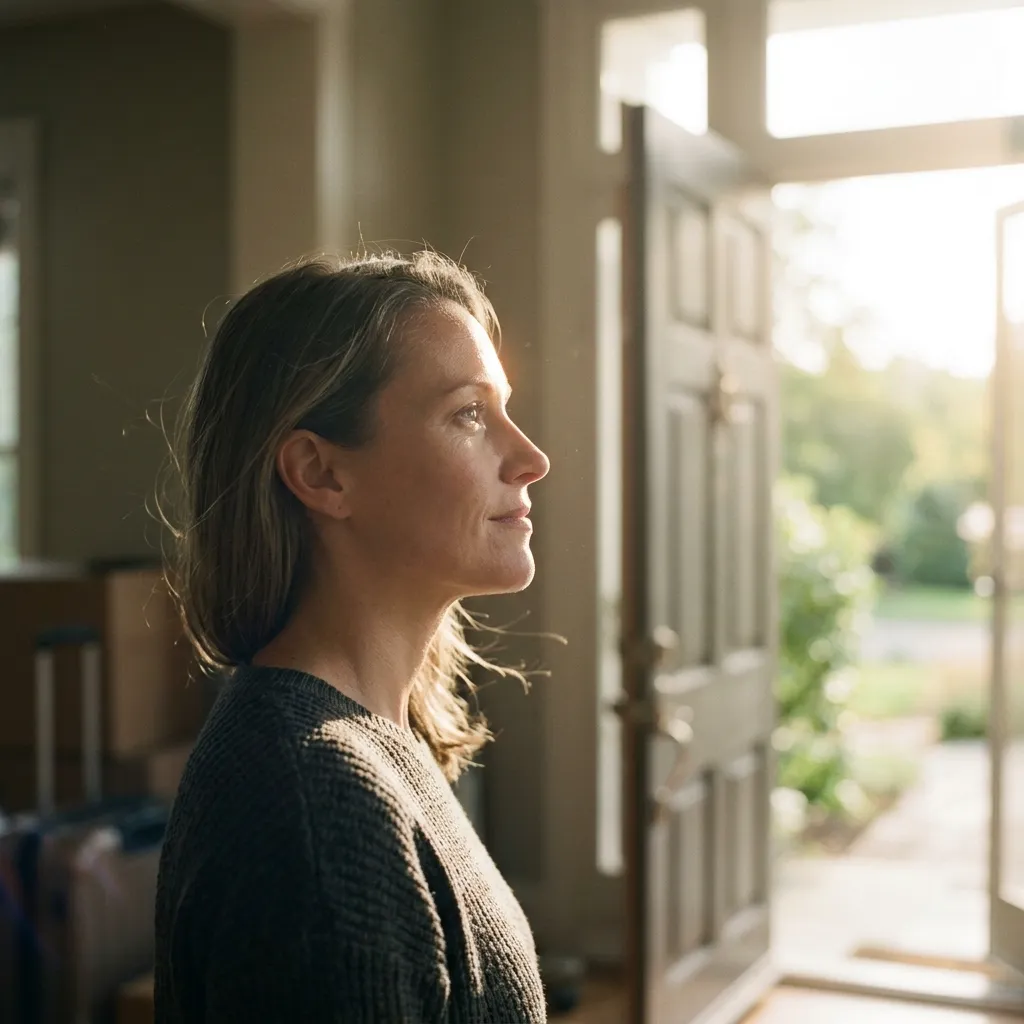 A sad woman holding a mug and a wedding ring on a wooden table while reflecting on a separation