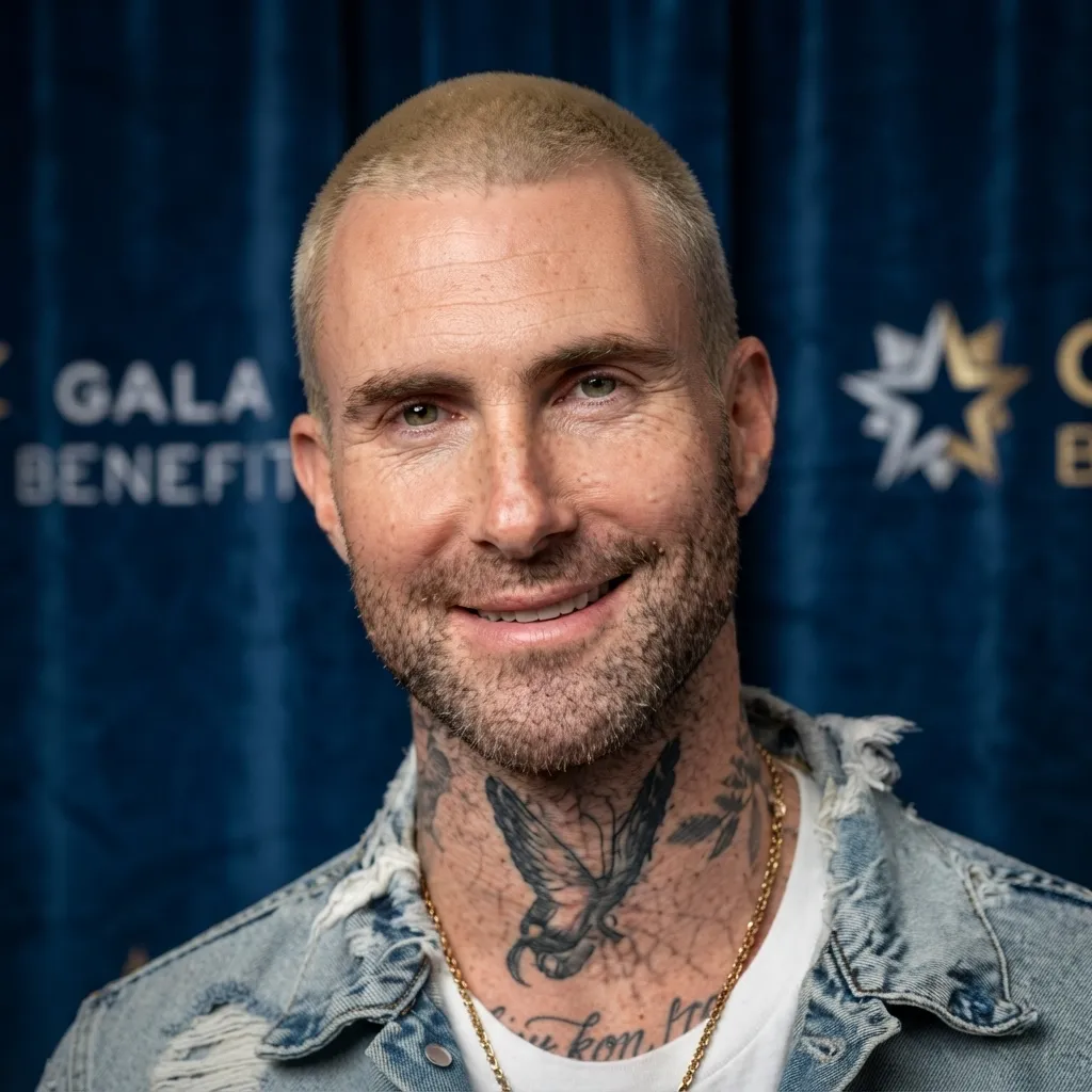 Close-up portrait of Adam Levine with a buzz cut and neck tattoos, wearing a distressed denim jacket