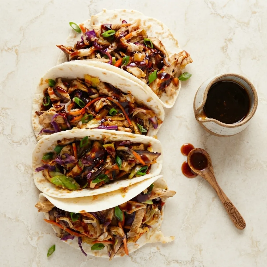 A row of flour tortillas filled with shredded Asian-style chicken and colorful slaw, drizzled with dark sauce, alongside a small pitcher of sauce and a dipping spoon.
