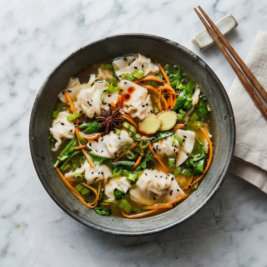 A dark bowl of Asian dumpling soup featuring wontons, shredded carrots, greens, a star anise pod, and sliced ginger, served with chopsticks on a marble countertop.