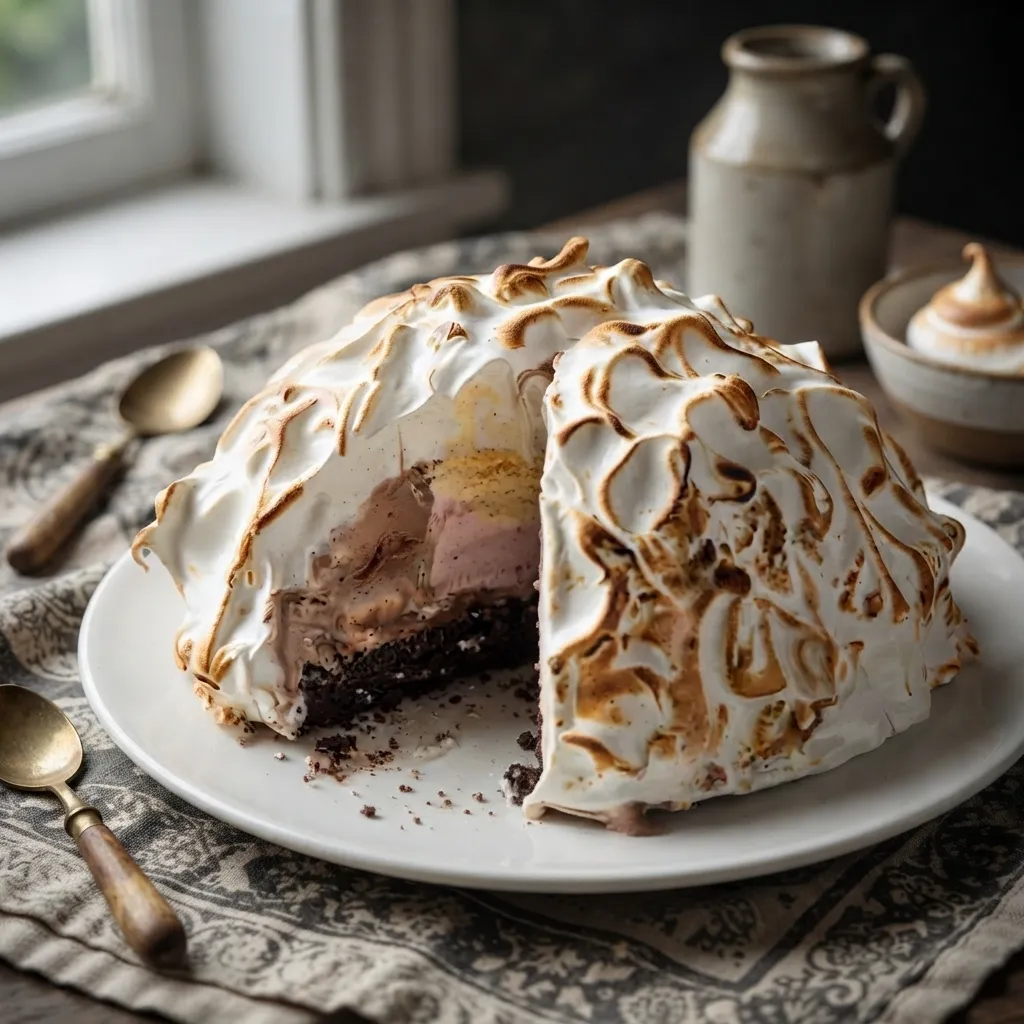 Sliced Baked Alaska dessert featuring toasted meringue coating over layers of ice cream and sponge cake on a white plate