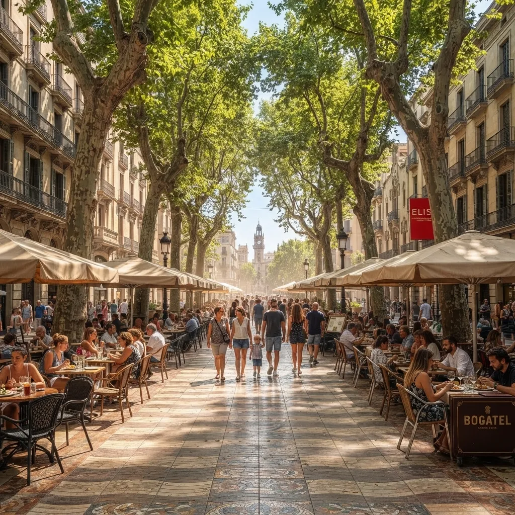 A lively pedestrian street in a European city lined with tall green trees, historic multi-story buildings with balconies, outdoor restaurant seating under large umbrellas, and people walking and dining on a sunny day.