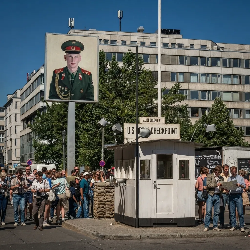 A historic checkpoint booth with a U.S. Army Checkpoint sign and sandbags, next to a tall billboard featuring a painted portrait of a soldier in military uniform, with pedestrians and a modern building in the background.