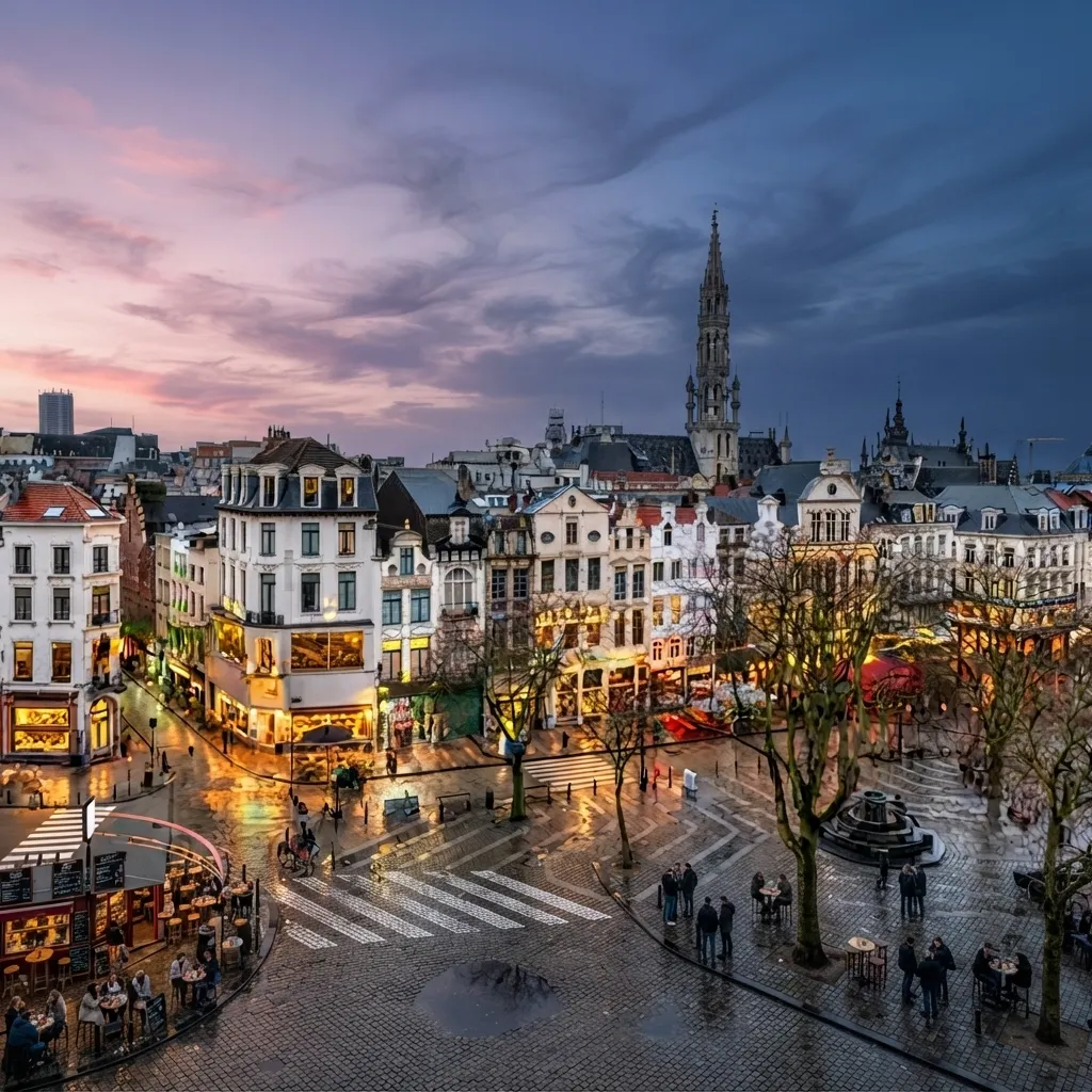 An elevated evening view of a European town square with cobblestone streets, illuminated historic buildings, outdoor cafe seating, and a tall church spire against a dramatic twilight sky with pink and blue clouds.