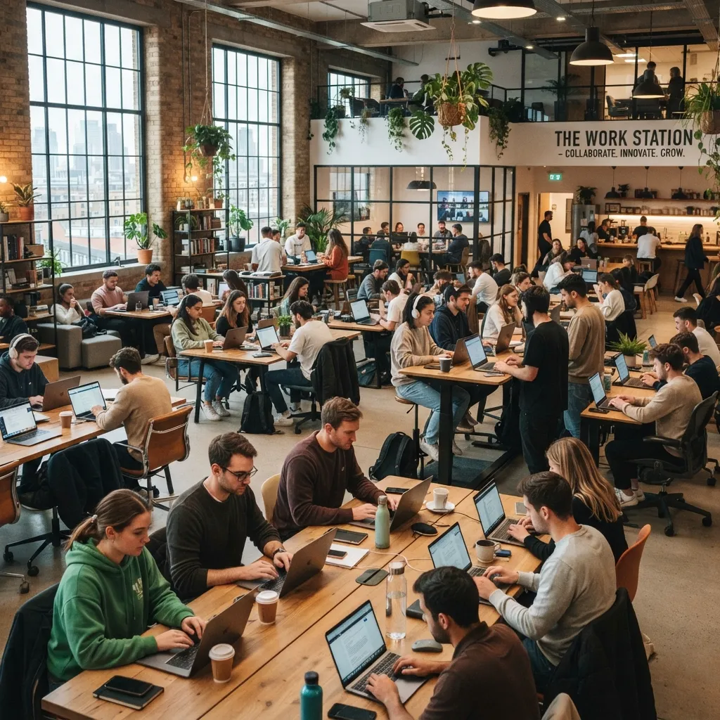 Busy modern co-working space filled with diverse people working on laptops at wooden tables beneath large windows and hanging plants.