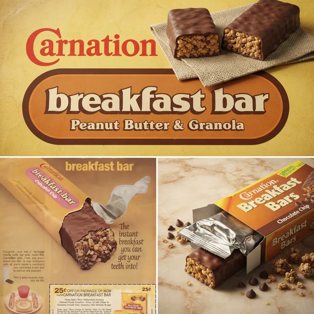 Vintage advertisement and product packaging for Carnation Peanut Butter and Granola breakfast bars.