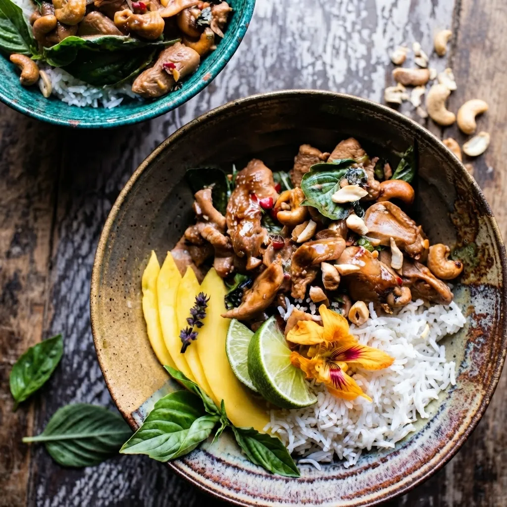 A rustic bowl containing a chicken and mango rice dish garnished with lime wedges, edible flowers, fresh basil leaves, and crunchy cashews.